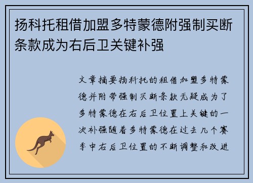 扬科托租借加盟多特蒙德附强制买断条款成为右后卫关键补强 扬科托租借加盟多特蒙德附强制买断条款成为右后卫关键补强